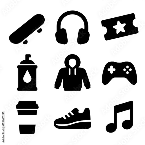 Youth Trend Icons. Solid, filled icons set of youth culture and trends: skateboard, headphone, festival ticket