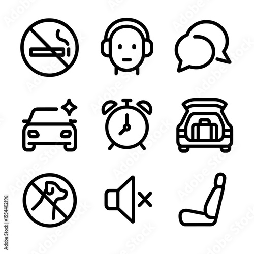 Carpool Etiquette Icons. Outline icon set of Carpool Etiquette and Rules: no smoking sign, quiet mode headphone, conversation