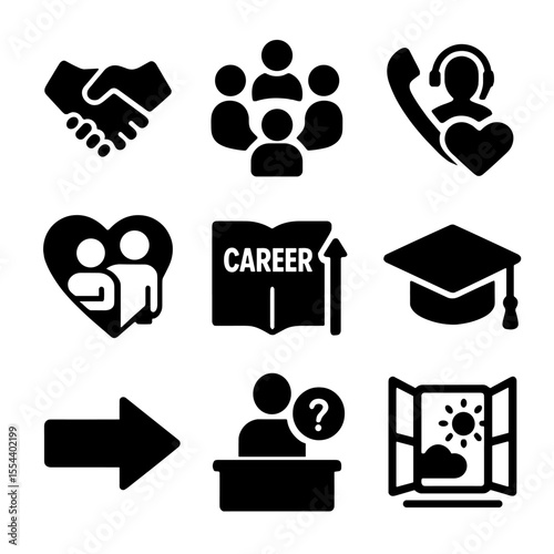 Youth Guidance Icons. Solid, filled icons set of youth guidance programs: handshake icon, group circle,