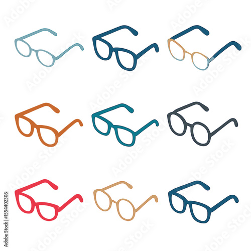 Isometric Glasses Icon Set. Isometric Flat icon set of reading glasses styles: rimless glasses, full-rim glasses, half-rim glasses