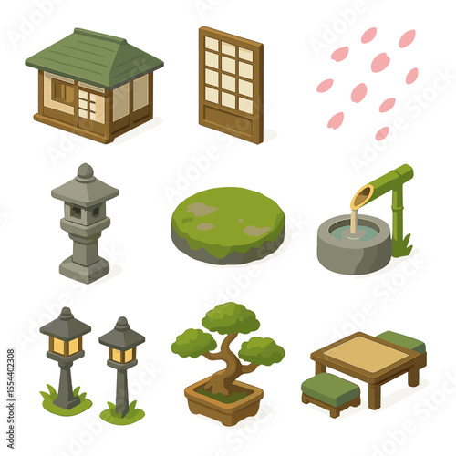 Japanese Garden Icon Set. Isometric Flat icon set of Japanese garden tea house with petals: tea house structure, sliding shoji