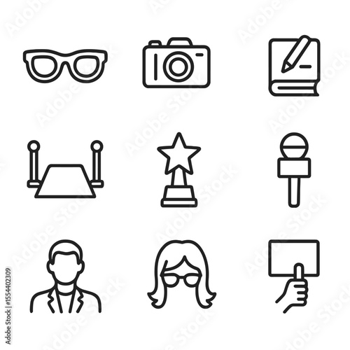 Celebrity Spoof Icons. Outline icon set of celebrity spoof props: oversized sunglasses, paparazzi camera, autograph book, red