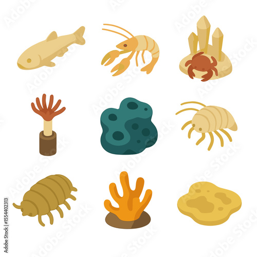 Cave Marine Icons. Isometric Flat icon set of cave-dwelling marine life: blind cavefish, cave shrimp, stalactite crab, tube worm,