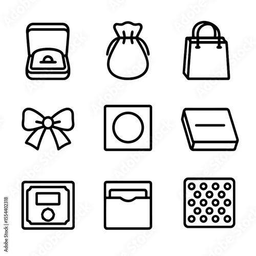 Jewelry Packaging Icons. Outline icon set of jewelry packaging and presentation: jewelry box, velvet pouch, gift bag, ribbon, care
