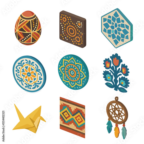 Global Folk Art Icons. Isometric Flat icon set of folk art and craft motifs: Ukrainian pysanka egg, Aboriginal dot painting canvas