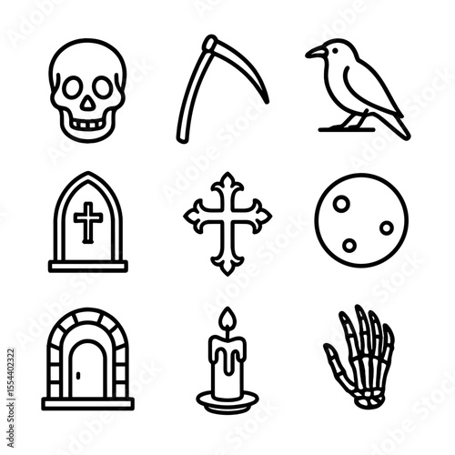 Gothic Icon Set. Outline icon set of gothic death imagery: skull, scythe, raven, tomb door, gothic cross, full moon, crypt