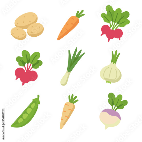 June Root Crops Icons. Isometric Flat icon set of June root crops: new potato, baby carrot, radish bunch, baby beetroot, spring