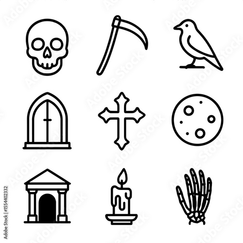 Gothic Icon Set. Outline icon set of gothic death imagery: skull, scythe, raven, tomb door, gothic cross, full moon, crypt