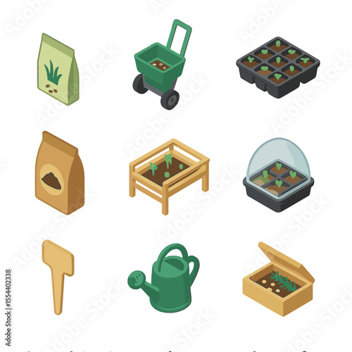 Grass Seed Supplies Icons. Isometric Flat icon set of grass seed and propagation supplies: seed packet, seed spreader, seedling