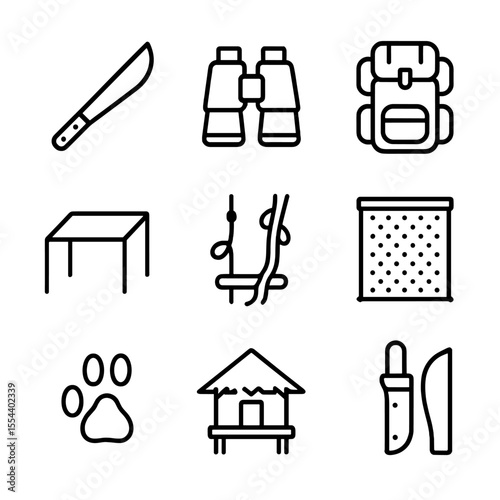 Jungle Exploration Icons. Outline icon set of jungle exploration: machete, binoculars, backpack, canopy, vine swing, mosquito net,