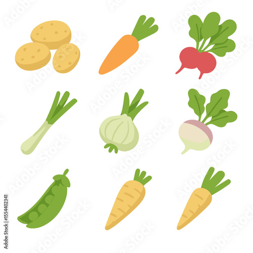 June Root Crops Icons. Isometric Flat icon set of June root crops: new potato, baby carrot, radish bunch, baby beetroot, spring