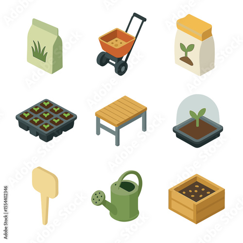 Grass Seed Supplies Icons. Isometric Flat icon set of grass seed and propagation supplies: seed packet, seed spreader, seedling