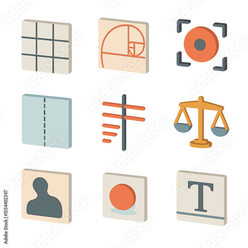 Graphic Design Icons. Isometric Flat icon set of graphic composition guides: rule of thirds grid, golden ratio spiral, focal point