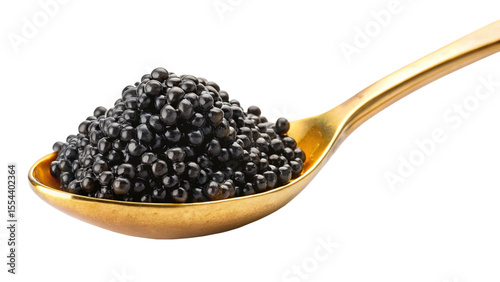 Pile of Black Caviar Filling a Gold Spoon isolated on a transparent background fish roe luxury food