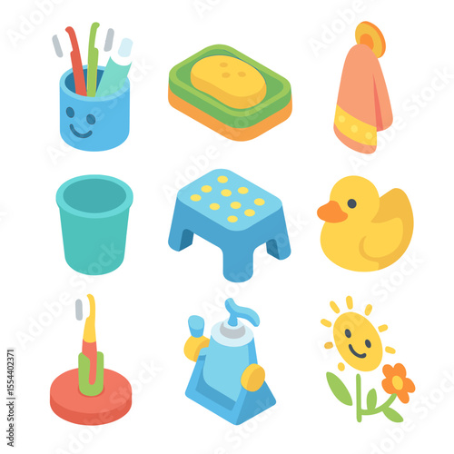 Kids' Bathroom Essentials Icons. Isometric Flat icon set of kids’ bathroom accessories: cartoon toothbrush holder, colorful soap