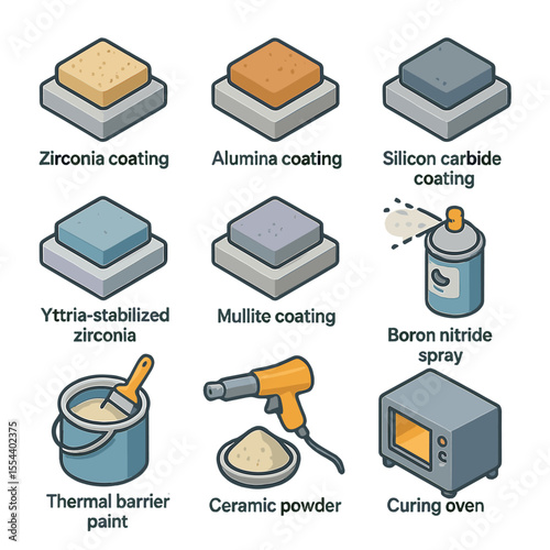 Ceramic Coating Icons. Isometric Flat icon set of ceramic coatings: zirconia coating, alumina coating, silicon carbide coating,