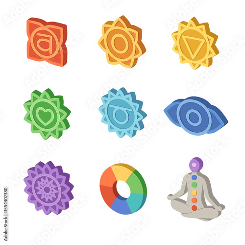 Chakra Alignment Icons. Isometric Flat icon set of chakra alignment and balance: root chakra symbol, sacral chakra symbol, solar
