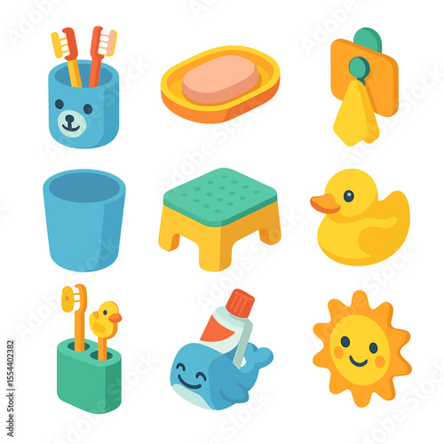 Kids' Bathroom Essentials Icons. Isometric Flat icon set of kids’ bathroom accessories: cartoon toothbrush holder, colorful soap