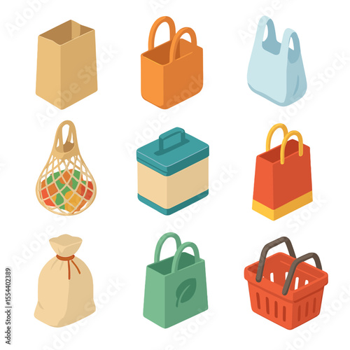 Grocery Bag Icons. Isometric Flat icon set of grocery bag designs: paper bag, reusable tote, plastic bag, mesh produce bag,