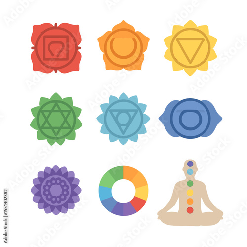 Chakra Alignment Icons. Isometric Flat icon set of chakra alignment and balance: root chakra symbol, sacral chakra symbol, solar