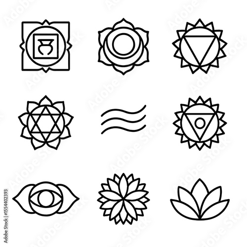 Chakra Symbol Icon Set. Outline icon set of Chakra Energy Centers: root chakra symbol, sacral chakra symbol, solar plexus chakra