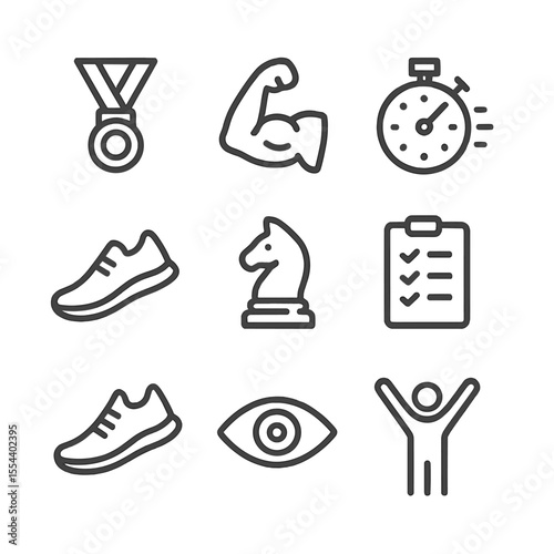 Champion Attribute Icons. Outline icon set of champion attributes: endurance icon, strength muscle, speed stopwatch, agility shoe,