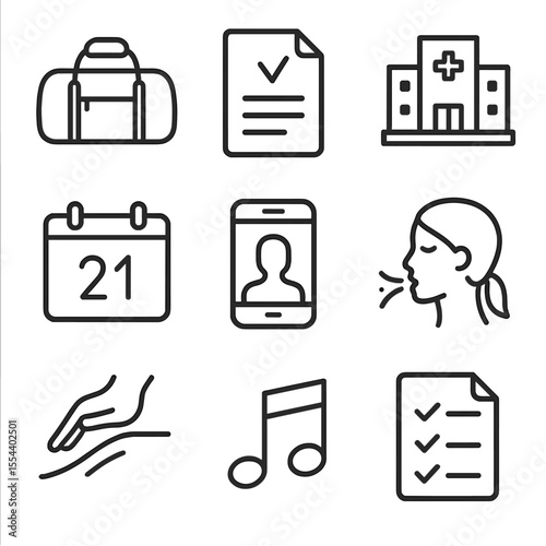 Labor Preparation Icons. Outline icon set of labor preparation and birth plan: hospital bag, birth plan document, hospital