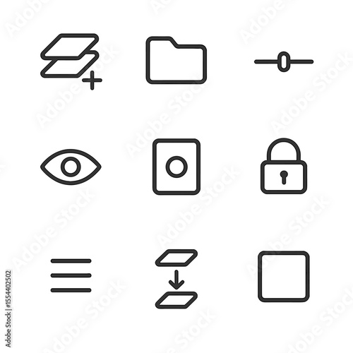 Layer Management Icons. Outline icon set of layer management: new layer button, folder group, opacity slider, eye visibility