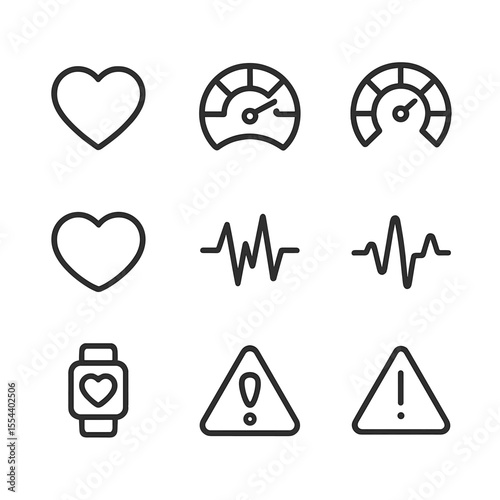 Heart Zone Icons. Outline icon set of heart rate and zones monitoring: heart icon, red zone gauge, aerobic zone dial, fat-burn