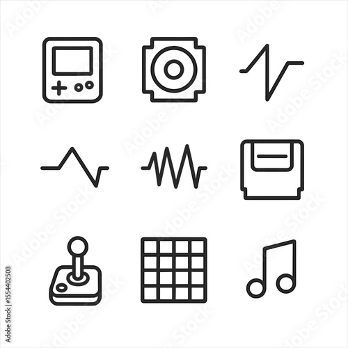 Chiptune Elements Icons. Outline icon set of chiptune elements: 8-bit console, pixelated speaker, square wave icon, triangle wave