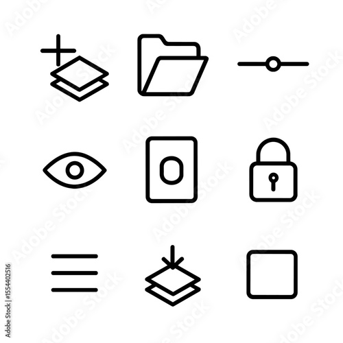 Layer Management Icons. Outline icon set of layer management: new layer button, folder group, opacity slider, eye visibility