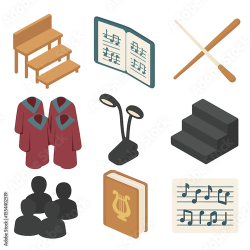 Choir Therapy Icons. Isometric Flat icon set of choir group therapy: choir stand, sheet music binder, conductor baton, matching