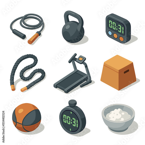 HIIT Workout Icons. Isometric Flat icon set of HIIT workout essentials: jump rope, kettlebell, interval timer, battle rope,