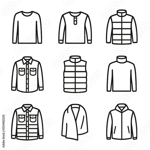 Layering Essentials Icons. Outline icon set of layering essentials: thermal base layer, long-sleeve henley, fleece mid-layer,