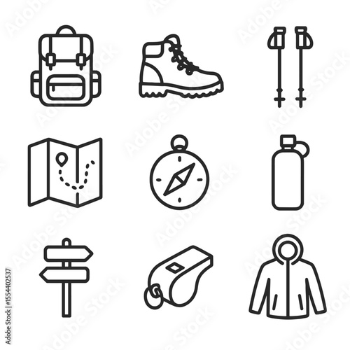 Hiking Gear Icons. Outline icon set of hiking gear: backpack, hiking boots, trekking poles, map, compass, water bottle, trail sign