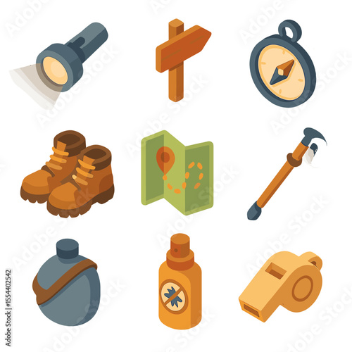 Hiking Gear Icons. Isometric Flat icon set of hiking trail navigation at dusk: flashlight beam, trail marker, compass, hiking