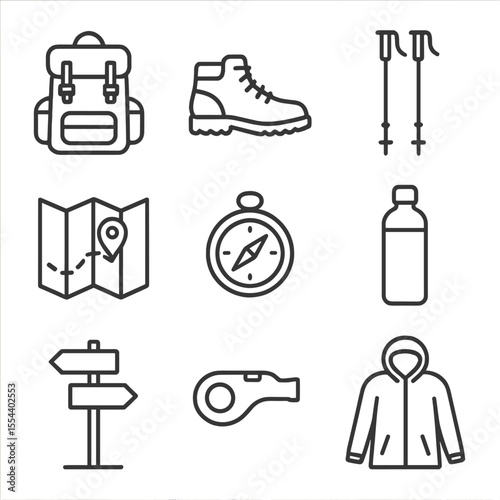 Hiking Gear Icons. Outline icon set of hiking gear: backpack, hiking boots, trekking poles, map, compass, water bottle, trail sign