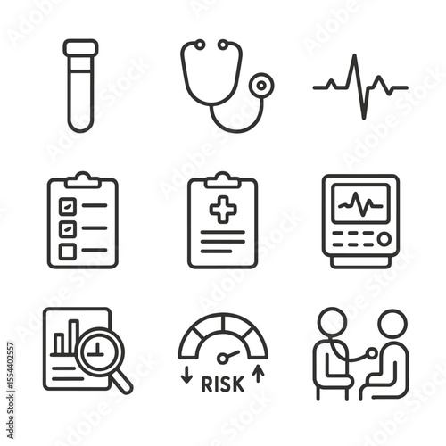 Chronic Disease Icon Set. Outline icon set of chronic disease risk assessment and screening: blood test vial, stethoscope, ECG