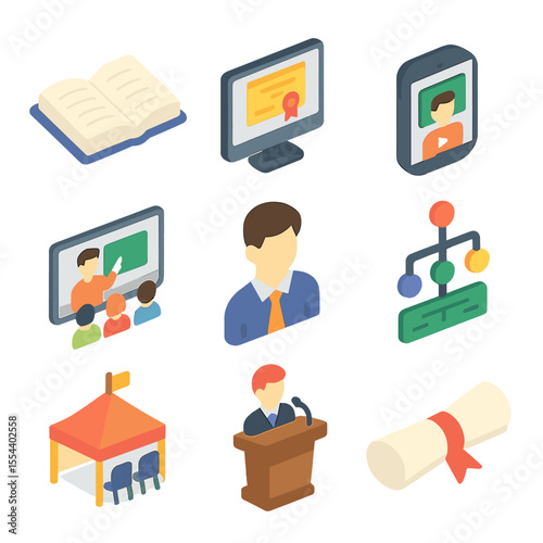 Learning Icons Set. Isometric Flat icon set of Learning and Development: open book, online course certificate, e-learning tablet,
