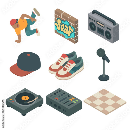 Hip Hop Icon Set. Isometric Flat icon set of hip hop dance crew: breakdancer freeze move, graffiti wall, boombox speaker, snapback