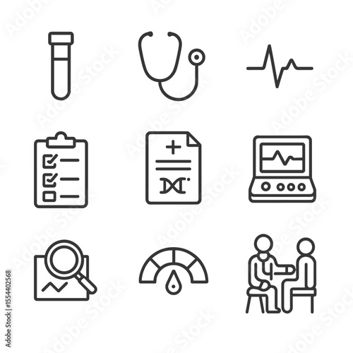 Chronic Disease Icon Set. Outline icon set of chronic disease risk assessment and screening: blood test vial, stethoscope, ECG
