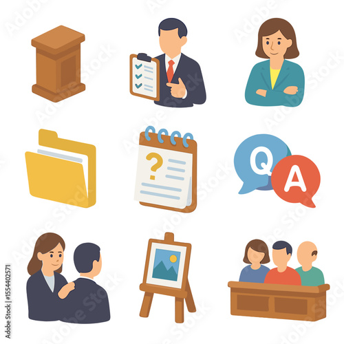 Legal Examination Icons. Isometric Flat icon set of Direct Examination: direct examination podium, questioning lawyer with