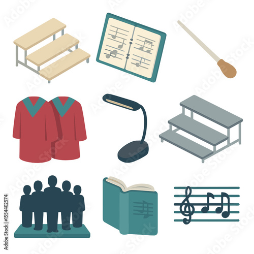 Choir Therapy Icons. Isometric Flat icon set of choir group therapy: choir stand, sheet music binder, conductor baton, matching