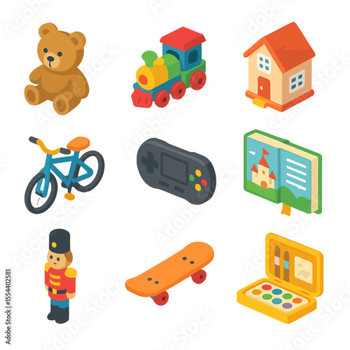 Christmas Gift Icons. Isometric Flat icon set of Christmas gift wishlist planning: teddy bear, toy train, dollhouse, bicycle,