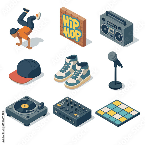 Hip Hop Icon Set. Isometric Flat icon set of hip hop dance crew: breakdancer freeze move, graffiti wall, boombox speaker, snapback