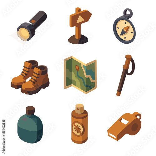Hiking Gear Icons. Isometric Flat icon set of hiking trail navigation at dusk: flashlight beam, trail marker, compass, hiking
