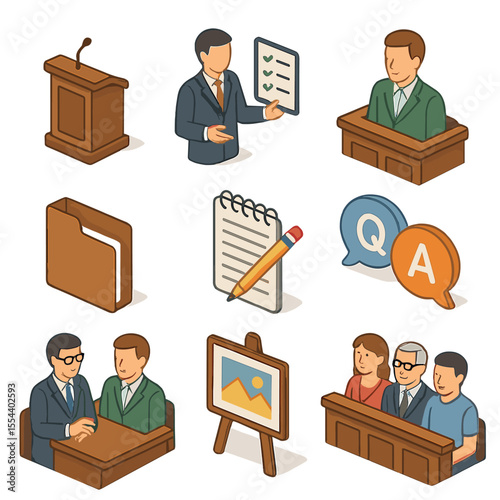 Legal Examination Icons. Isometric Flat icon set of Direct Examination: direct examination podium, questioning lawyer with