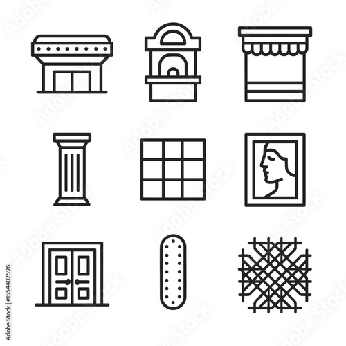 Historic Cinema Icon Set. Outline icon set of Historic Cinema Architecture Facade: marquee canopy, ticket vestibule, decorative