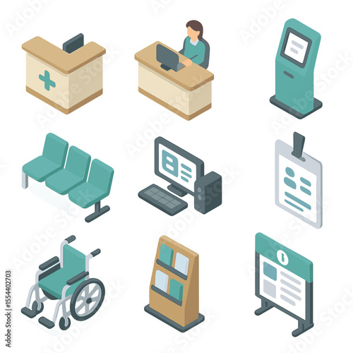 Hospital Reception Icons. Isometric Flat icon set of community hospital reception and admission: reception desk, patient