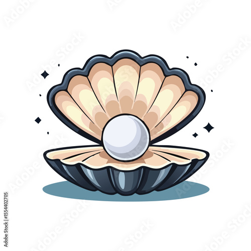 Open Clam Shell with Pearl Vector Illustration in Flat Colors and Bold Black Outlines Style